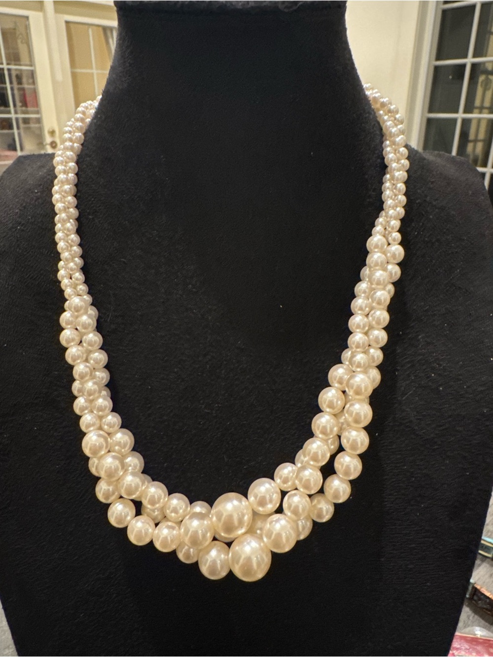 RMN Ivory Faux Pearl Multi Strand Statement Necklace Graduated Beaded